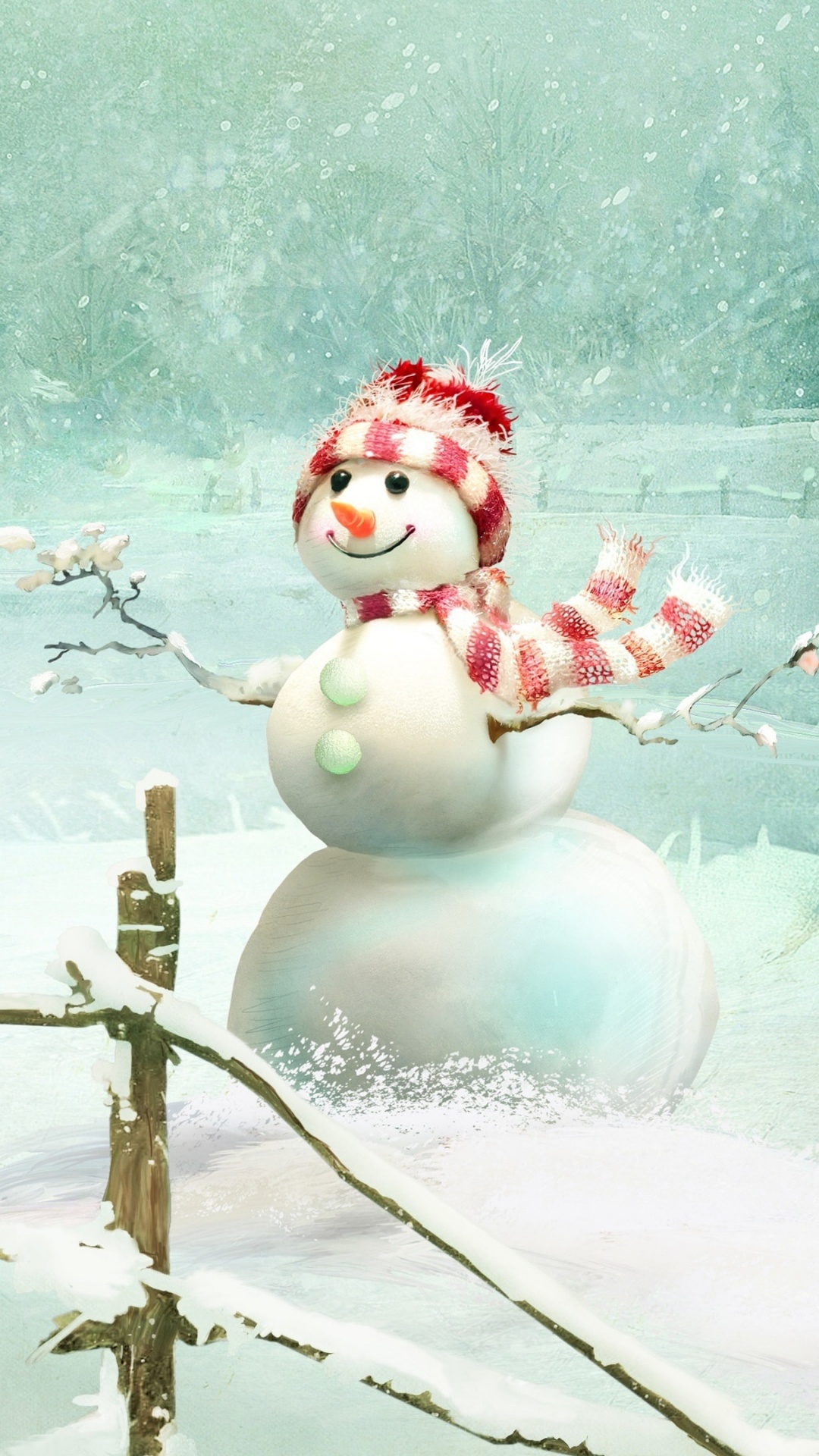 Обои Снеговик, ветвь, зима, дерево, пихта в разрешении 1080x1920