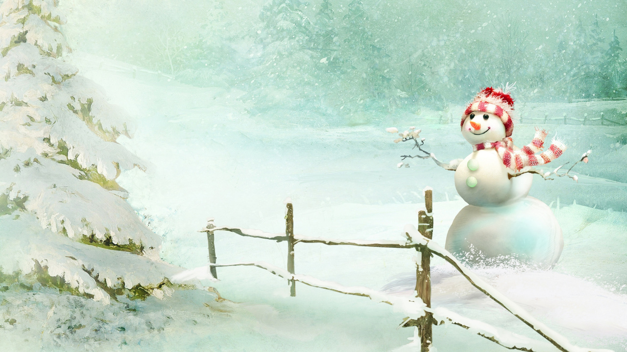 Обои Снеговик, ветвь, зима, дерево, пихта в разрешении 1280x720