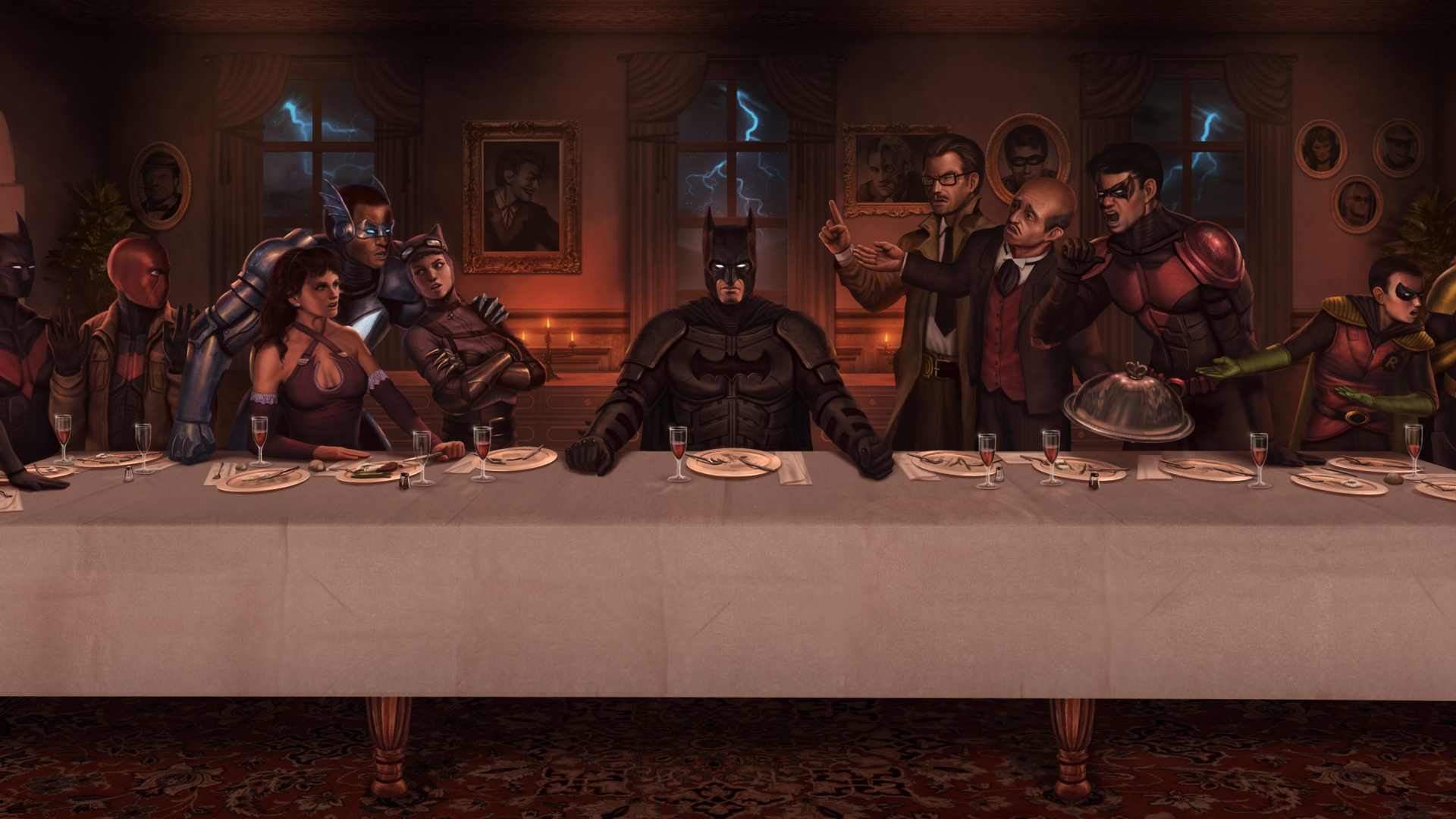 Обои Бэтмен последний ужин, Бэтмен, Робин, денщик, комиксы dc в разрешении 1920x1080