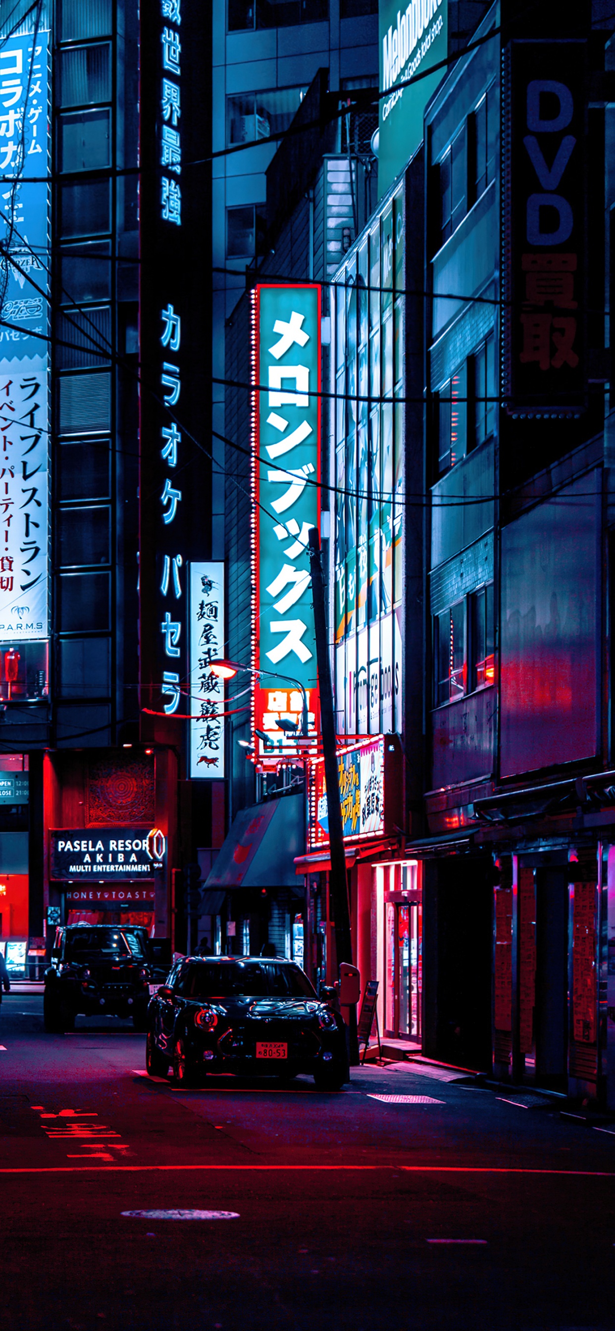 Обои здание, легковые автомобили, свет, синий, автомобильное освещение в разрешении 1242x2688