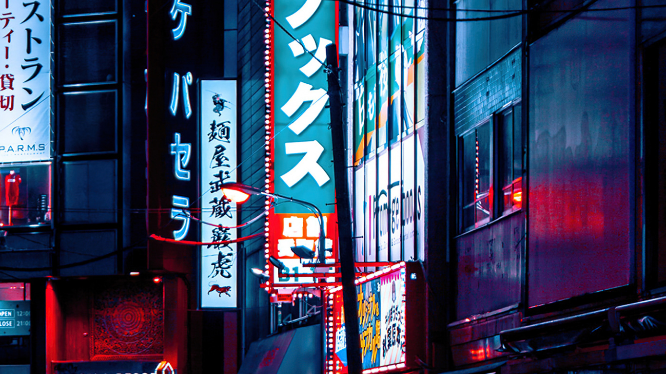 Обои здание, легковые автомобили, свет, синий, автомобильное освещение в разрешении 1366x768