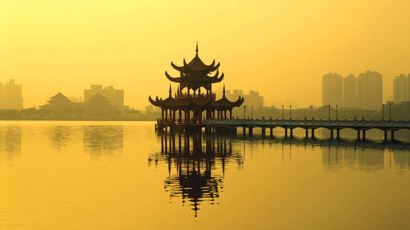 Обои китайская архитектура, отражение, ориентир, утро, спокойный в разрешении 1366x768