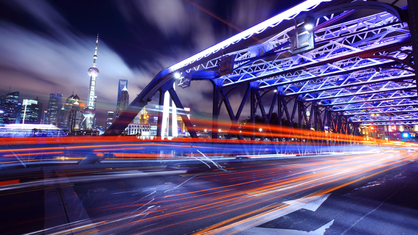 Обои экспозиция, ночь, синий, ориентир, городской район в разрешении 1366x768