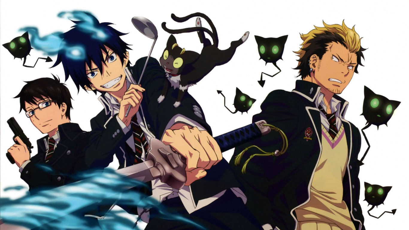 Обои синий экзорцист, Рин окумура, Юкио окумура, Suguro Ryji, Kamiki Идзумо в разрешении 1366x768