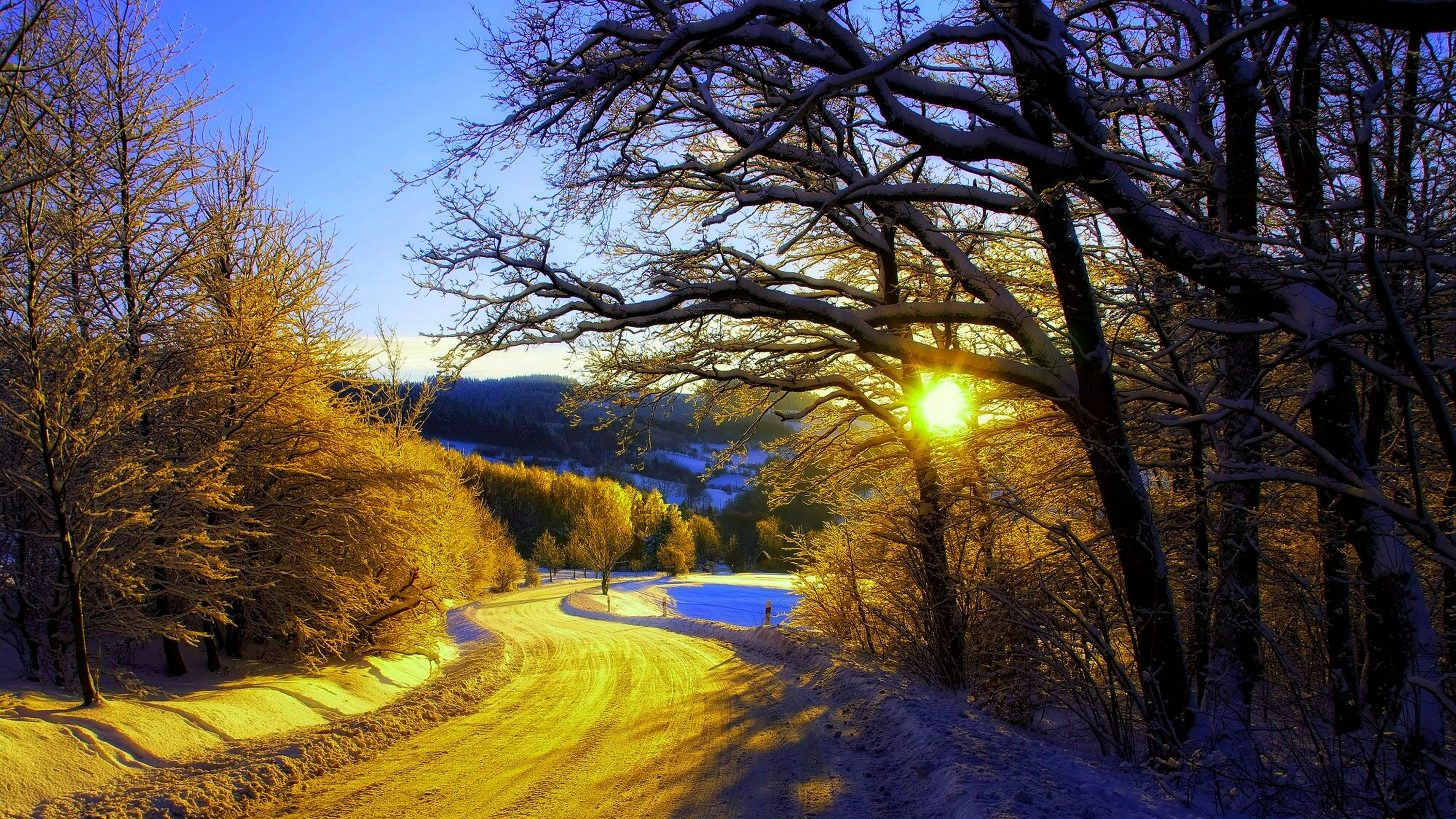 Обои зима, снег, закат, утро, природа в разрешении 3840x2160