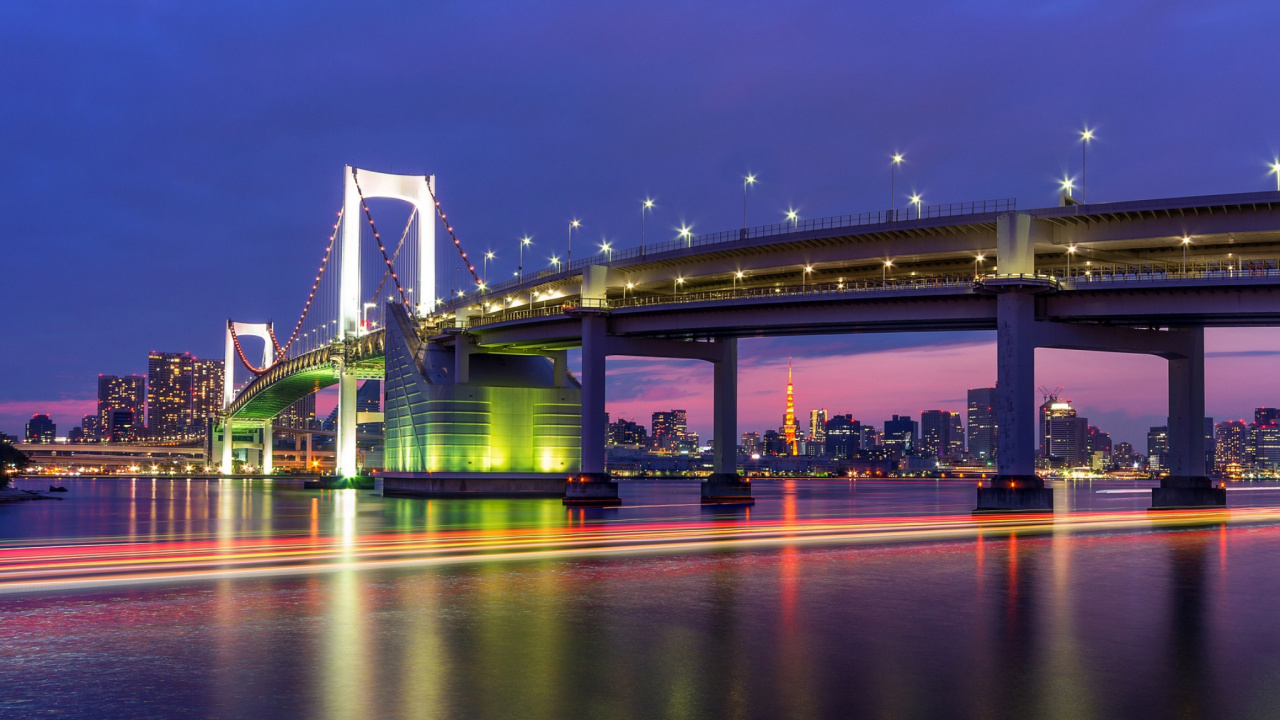 Обои мост, ночь, городской пейзаж, отражение, ориентир в разрешении 1280x720