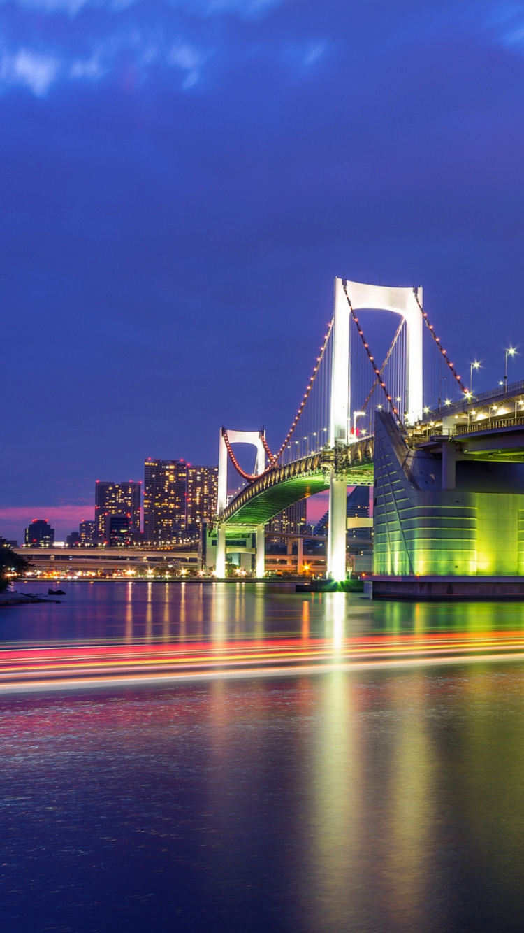 Обои мост, ночь, городской пейзаж, отражение, ориентир в разрешении 750x1334