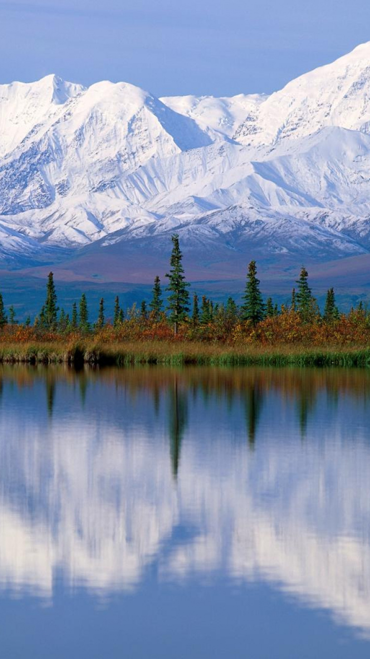 Обои денали, горный рельеф, гора, отражение, природа в разрешении 750x1334