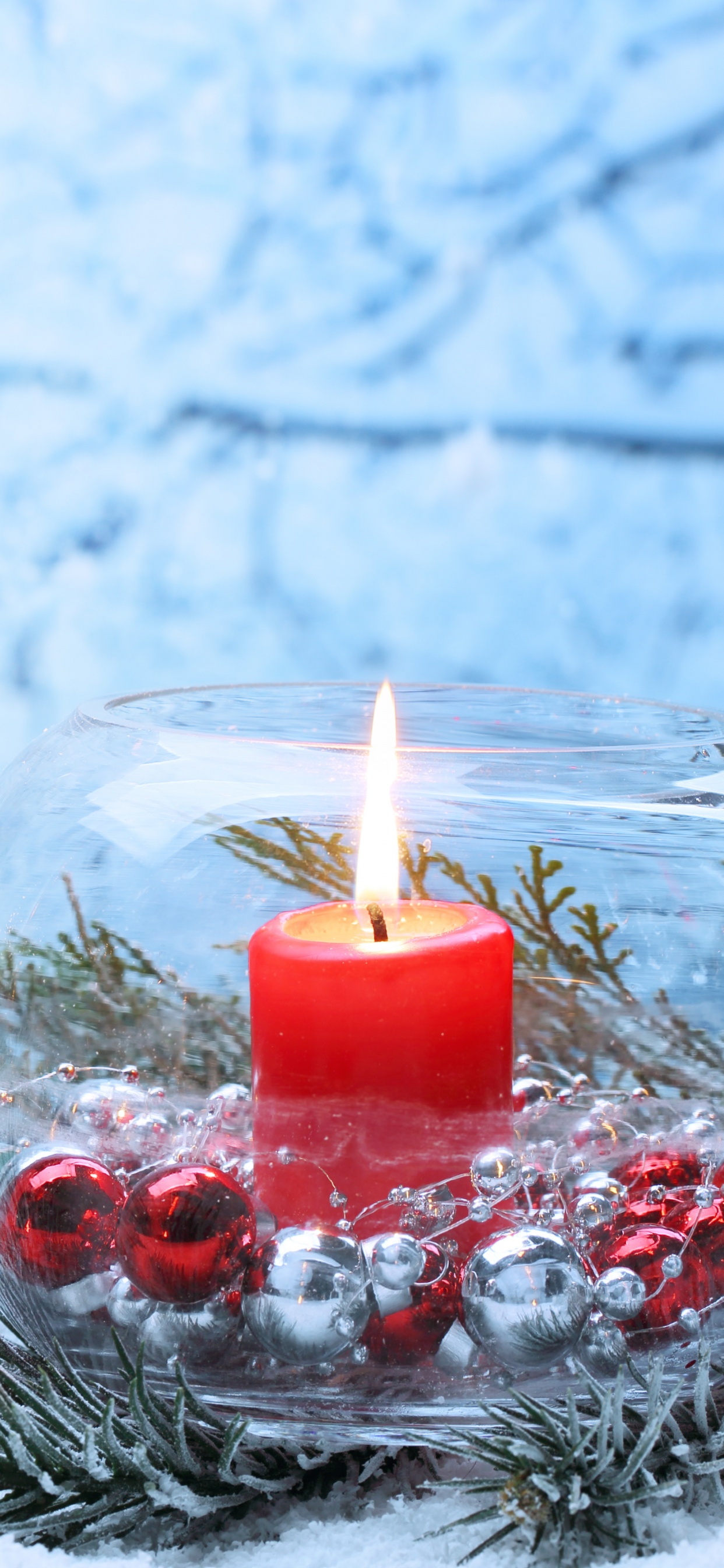 Обои Рождественский день, свеча, зима, ветвь, Рождество в разрешении 1242x2688