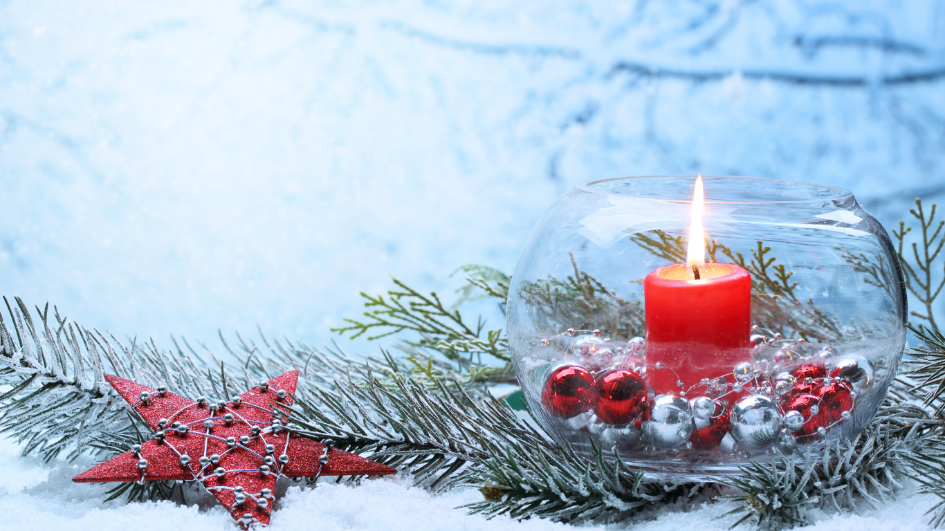 Обои Рождественский день, свеча, зима, ветвь, Рождество в разрешении 1366x768