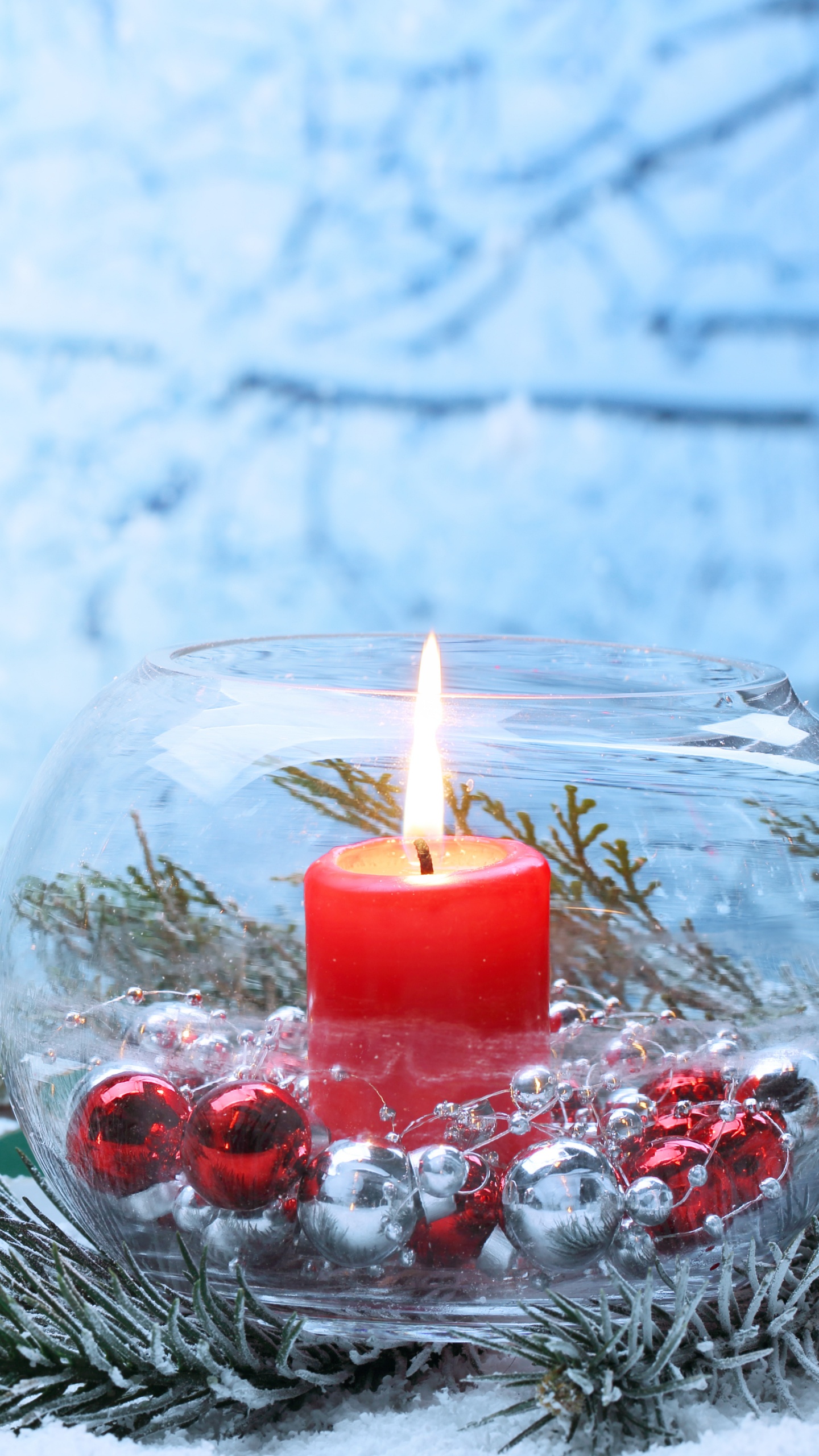Обои Рождественский день, свеча, зима, ветвь, Рождество в разрешении 1440x2560
