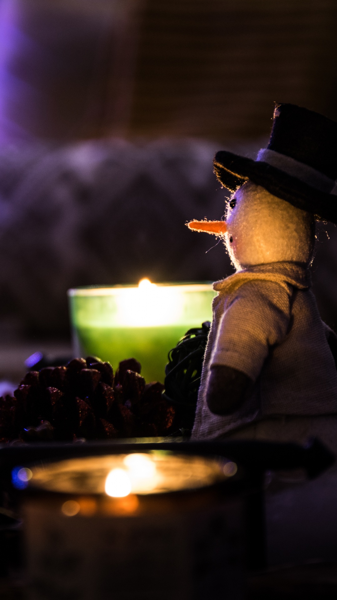 Обои Снеговик, Рождественский день, освещение, свет, Рождество в разрешении 1080x1920