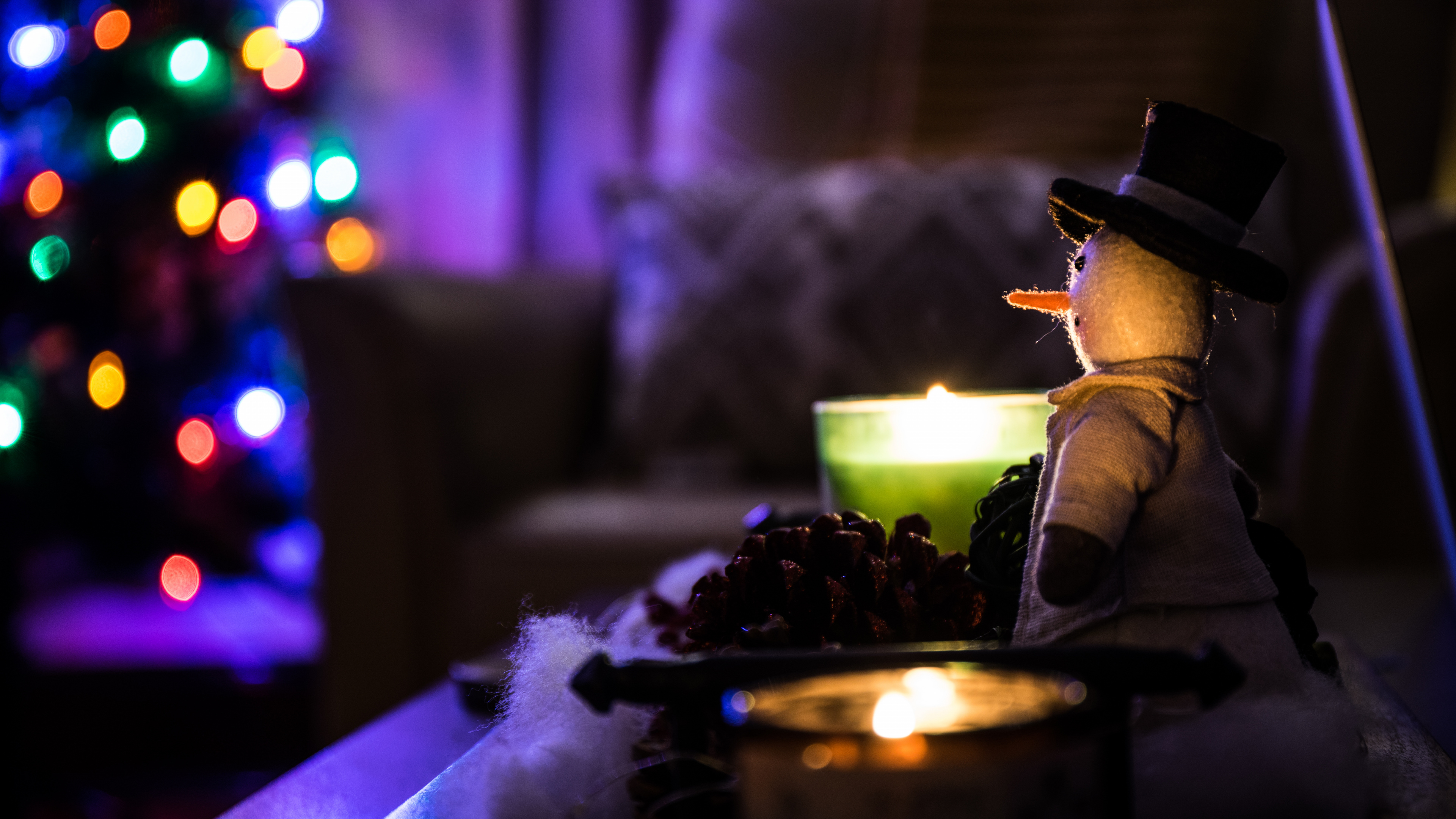 Обои Снеговик, Рождественский день, освещение, свет, Рождество в разрешении 3840x2160