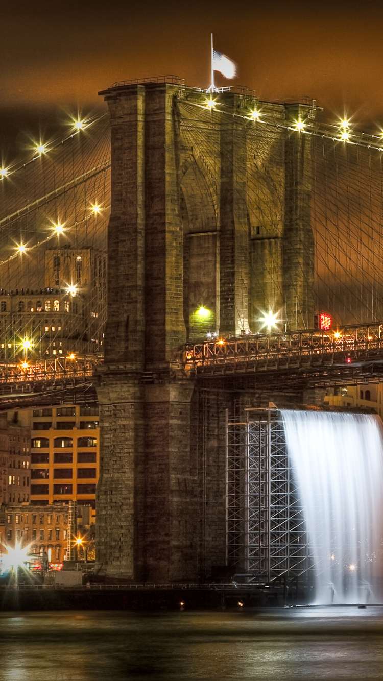 Обои Бруклинский мост, ночь, ориентир, город, мост в разрешении 750x1334