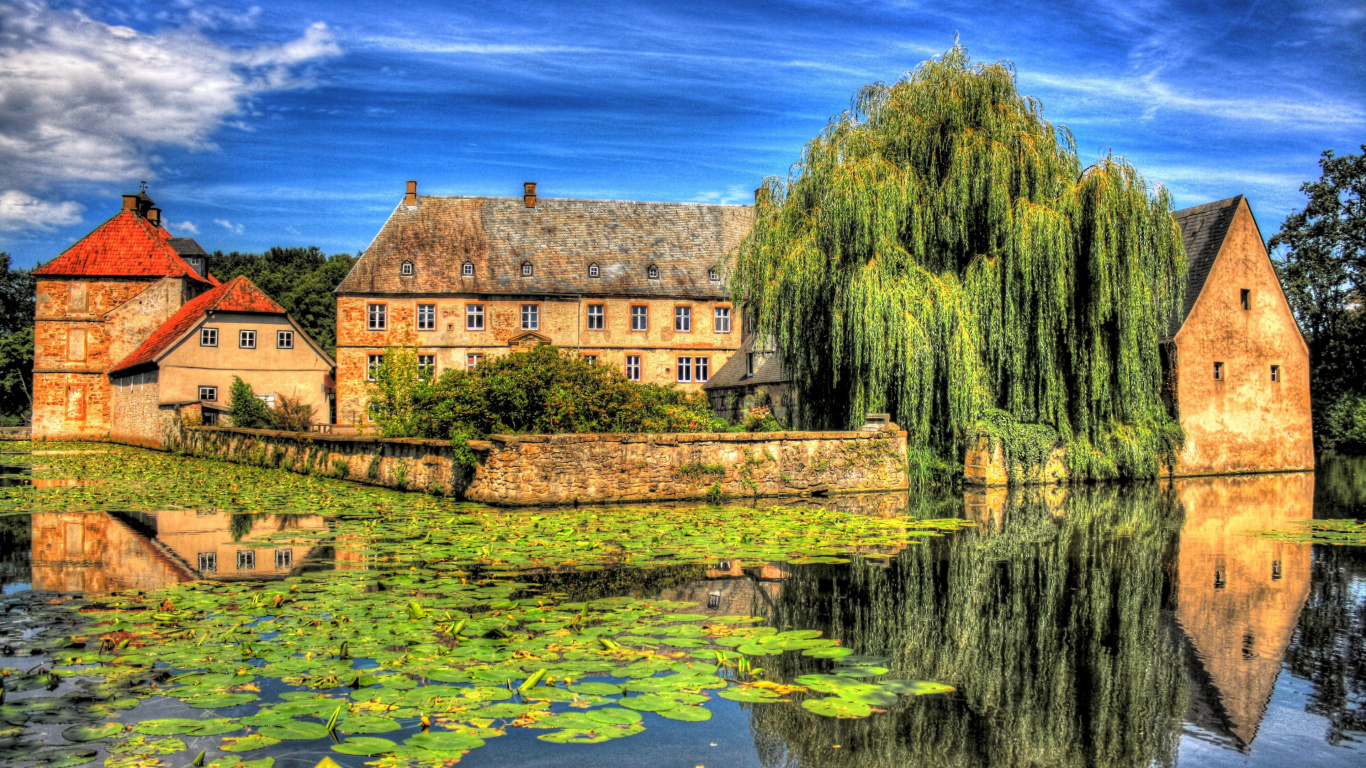 Обои отражение, природа, водный путь, водный замок, историческое место в разрешении 1366x768