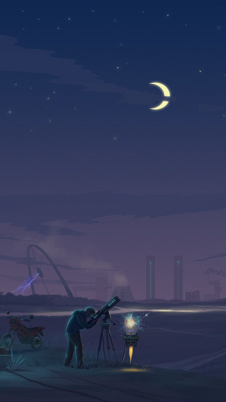 Обои телескоп, атмосфера, луна, полумесяц, астрономический объект в разрешении 720x1280