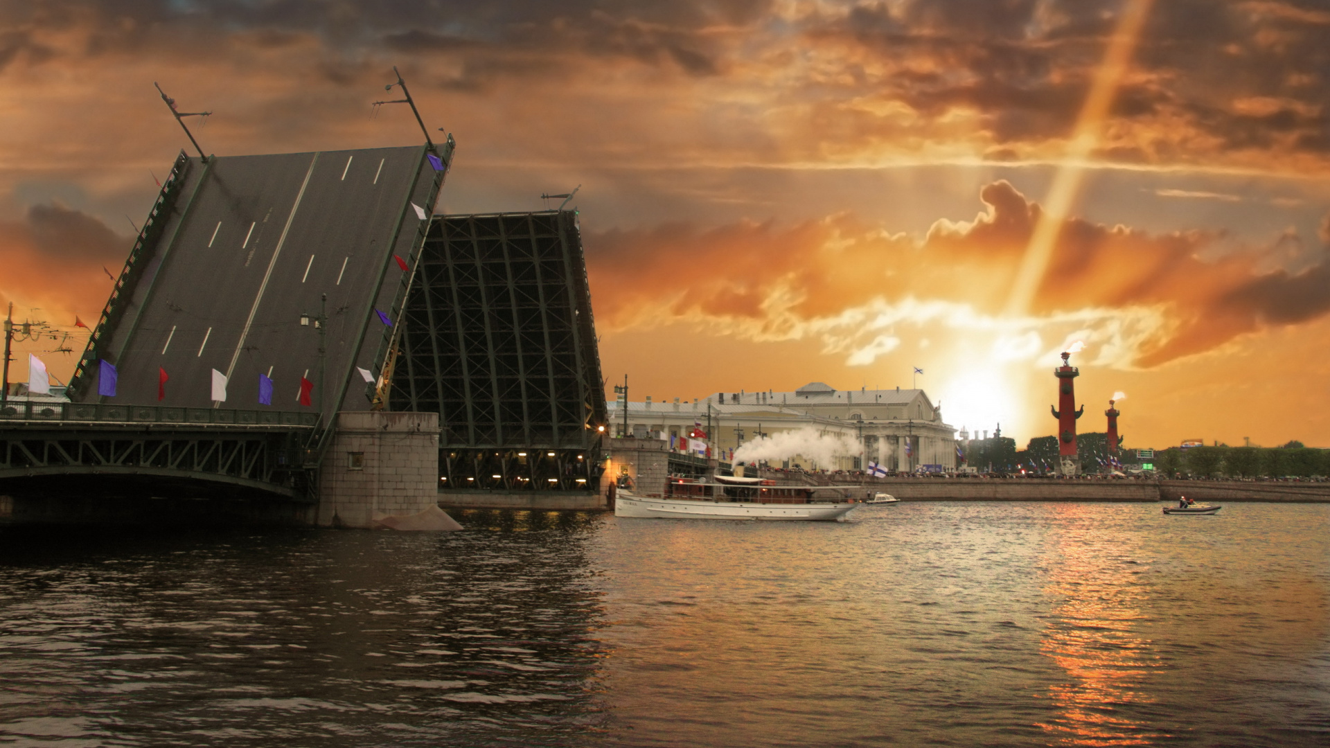 Обои водный путь, реки, закат, вечер, город в разрешении 1920x1080