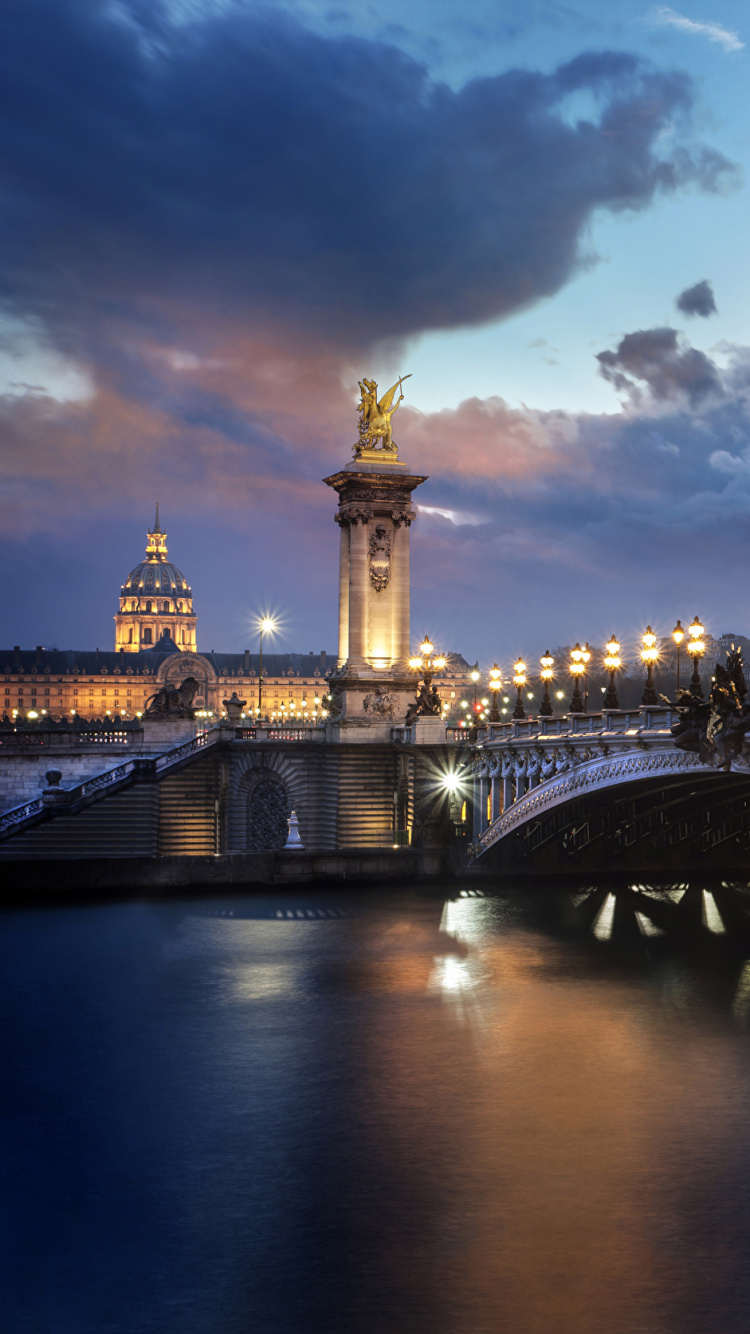 Обои Мост Александра III, мост, ориентир, ночь, отражение в разрешении 750x1334