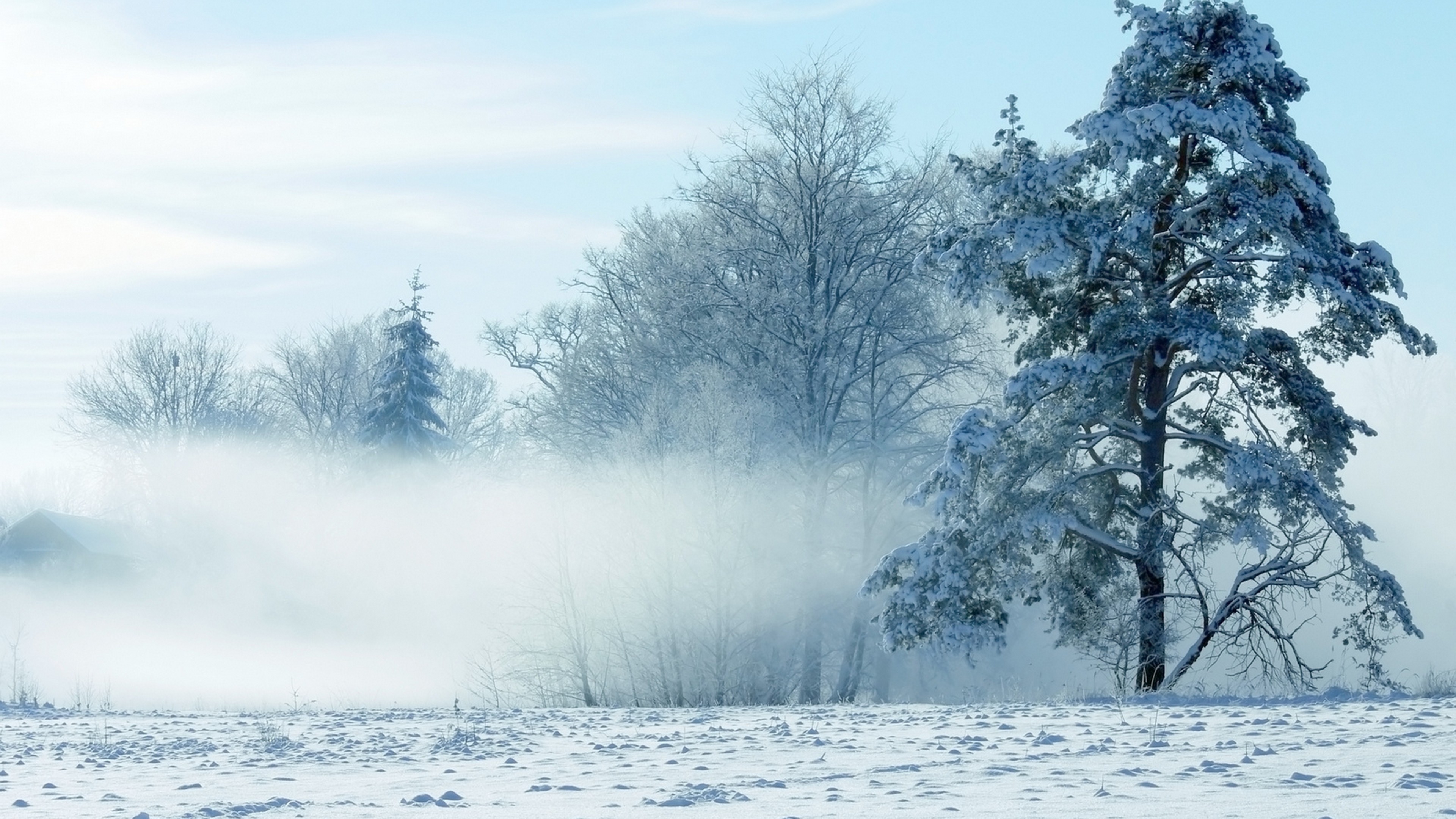 Обои пейзажная живопись, снег, пейзаж, зима, дерево в разрешении 3840x2160