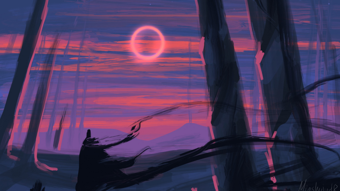 Обои арт, силуэт, живопись, красный цвет, пурпур в разрешении 1366x768