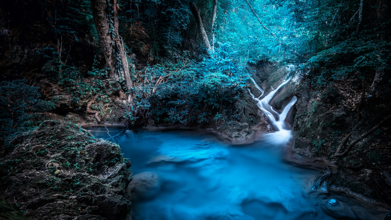 Обои канчанабури, тропический лес, водопад, тропические леса, джунгли в разрешении 1366x768