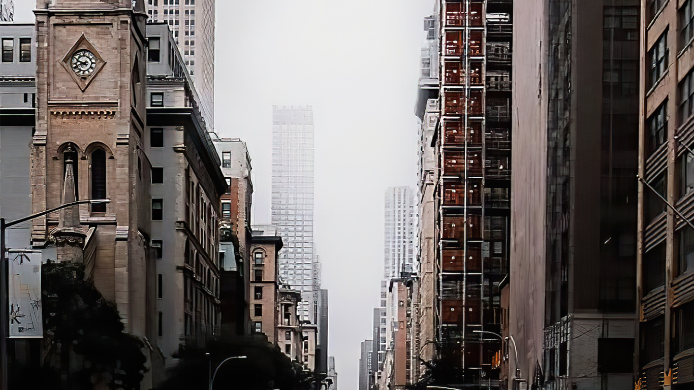 Обои здание, небоскреб, дневное время, легковые автомобили, башня в разрешении 1366x768