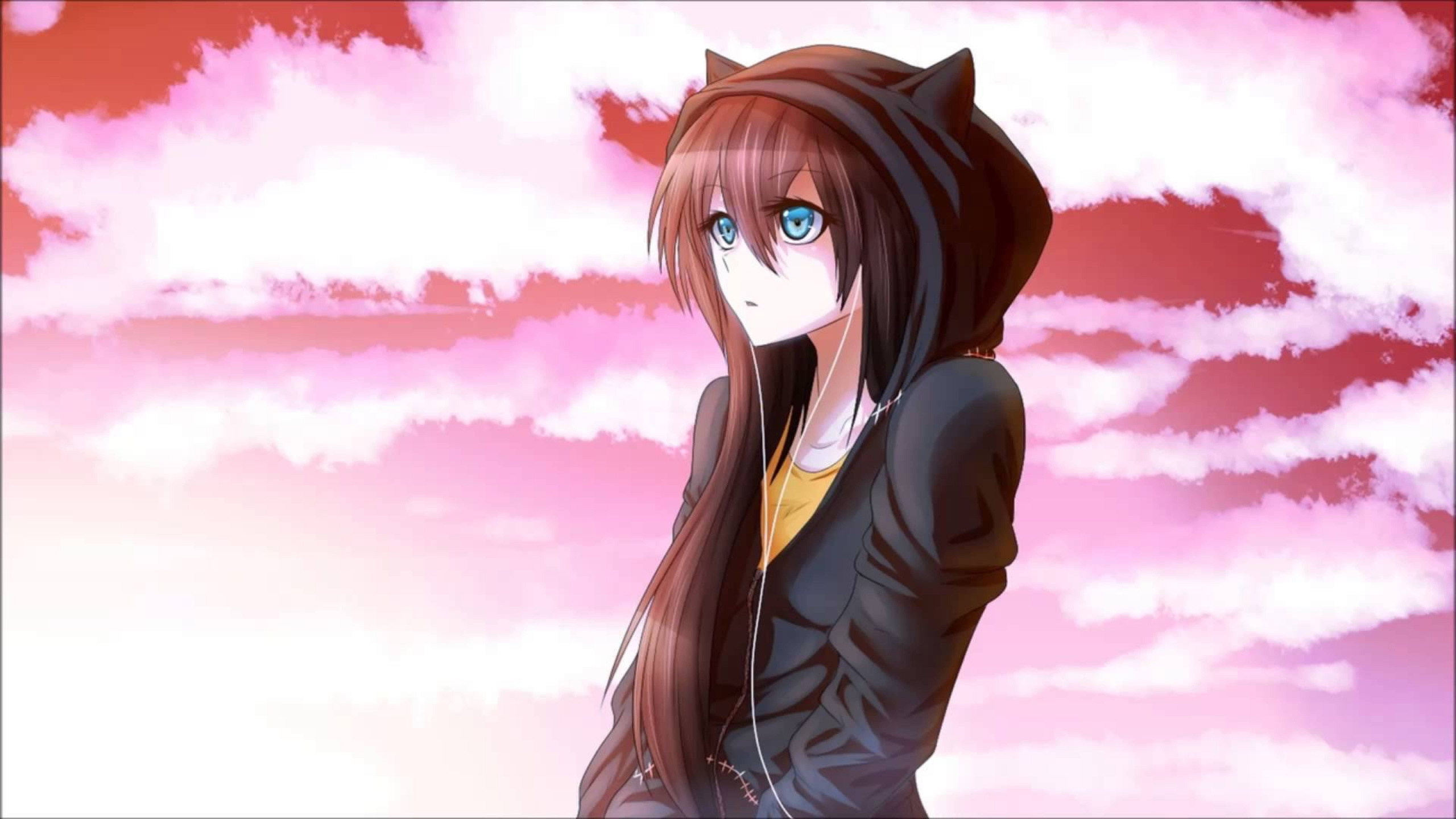 Обои аниме, каштановые волосы, длинные волосы, музыка, небо в разрешении 2560x1440