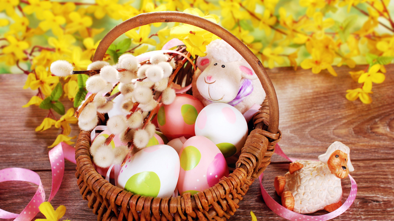 Обои пасхальный кролик, пасхальное яйцо, пасхальная корзина, корзина, пища в разрешении 1366x768