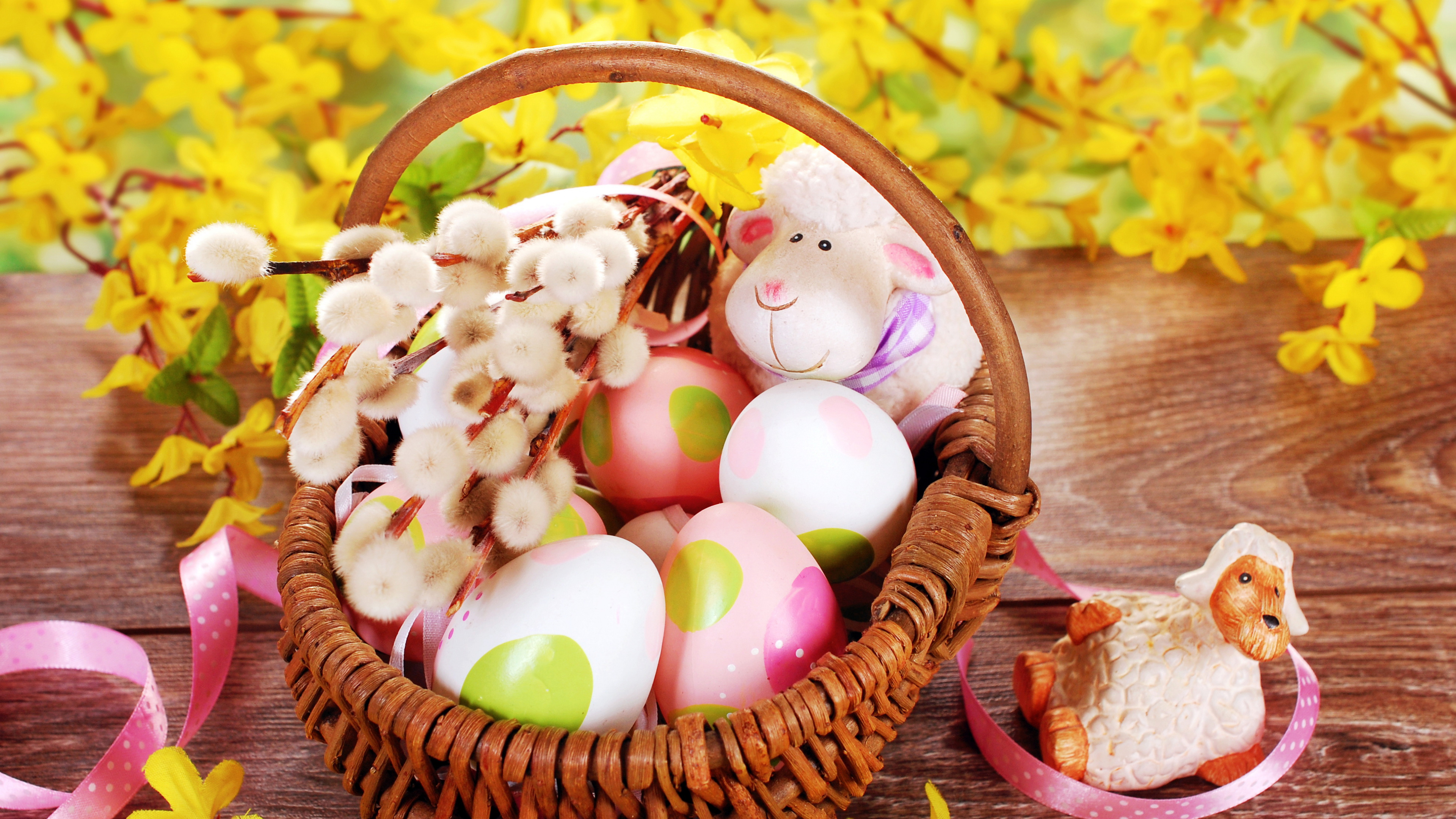 Обои пасхальный кролик, пасхальное яйцо, пасхальная корзина, корзина, пища в разрешении 3840x2160