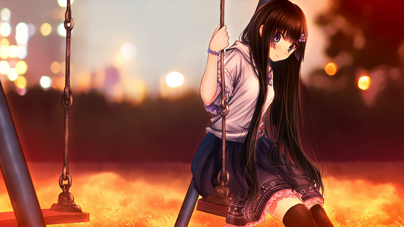 Обои аниме, длинные волосы, аниме качели, Качели Не Взболтанный, девушка в разрешении 1366x768