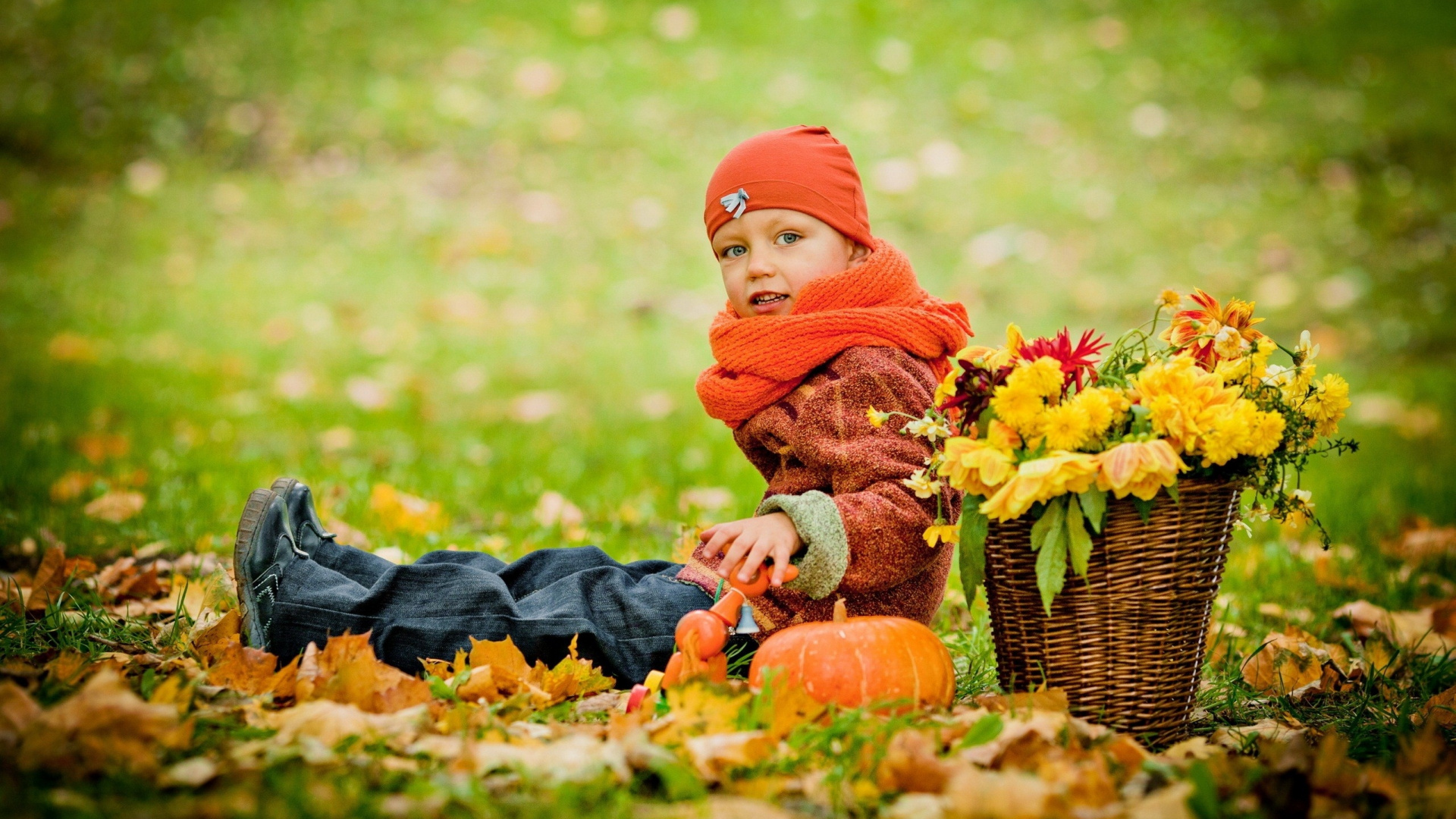 Обои осень, ребенок, газон, девушка, листья в разрешении 1920x1080