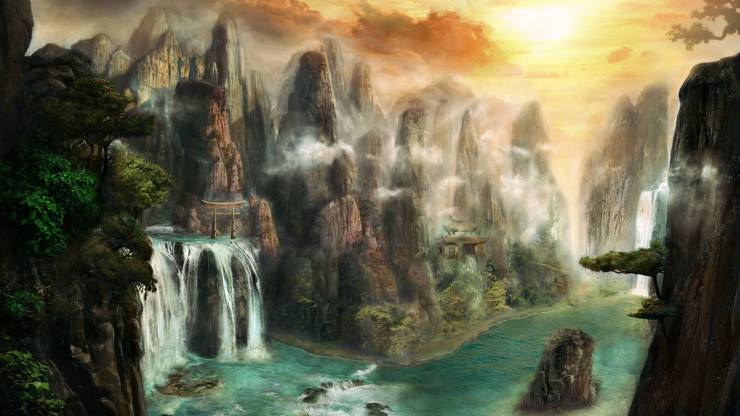 Обои мир фантазий, фэнтези, природа, гидроресурсы, водопад в разрешении 2560x1440