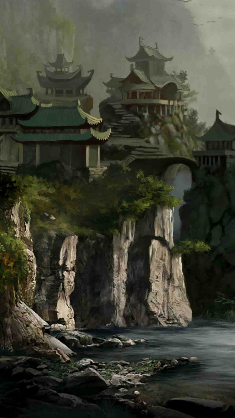 Обои живопись, пейзаж, джунгли, археологический памятник, Байду в разрешении 750x1334