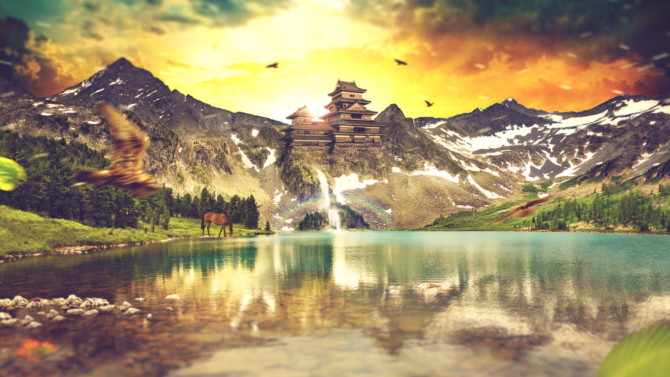 Обои природа, гора, отражение, вода, озеро в разрешении 1366x768