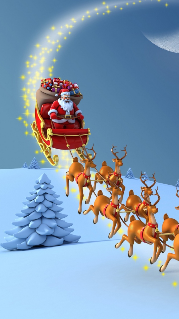 Обои Северный олень, Санта-Клаус, Рождественский день, снег, сани в разрешении 720x1280
