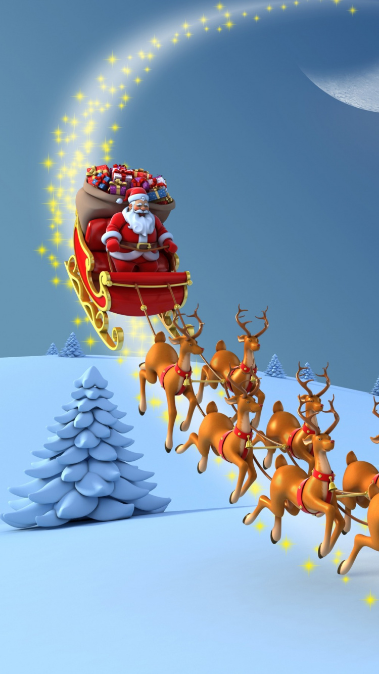 Обои Северный олень, Санта-Клаус, Рождественский день, снег, сани в разрешении 750x1334