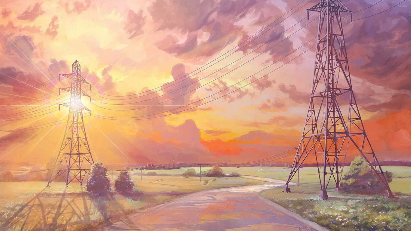 Обои арт, электричество, башня передачи, послесвечение, электроснабжение в разрешении 1366x768