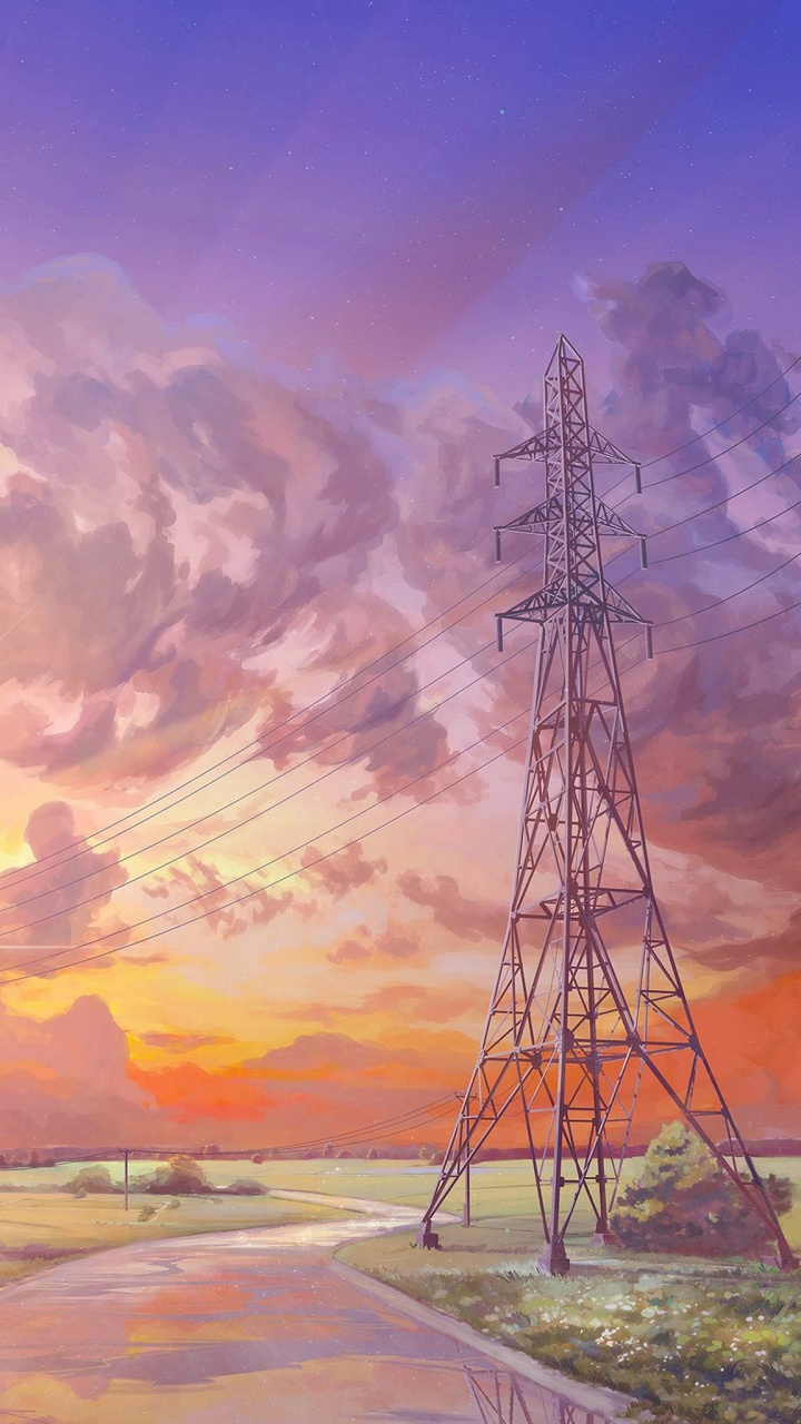 Обои арт, электричество, башня передачи, послесвечение, электроснабжение в разрешении 720x1280