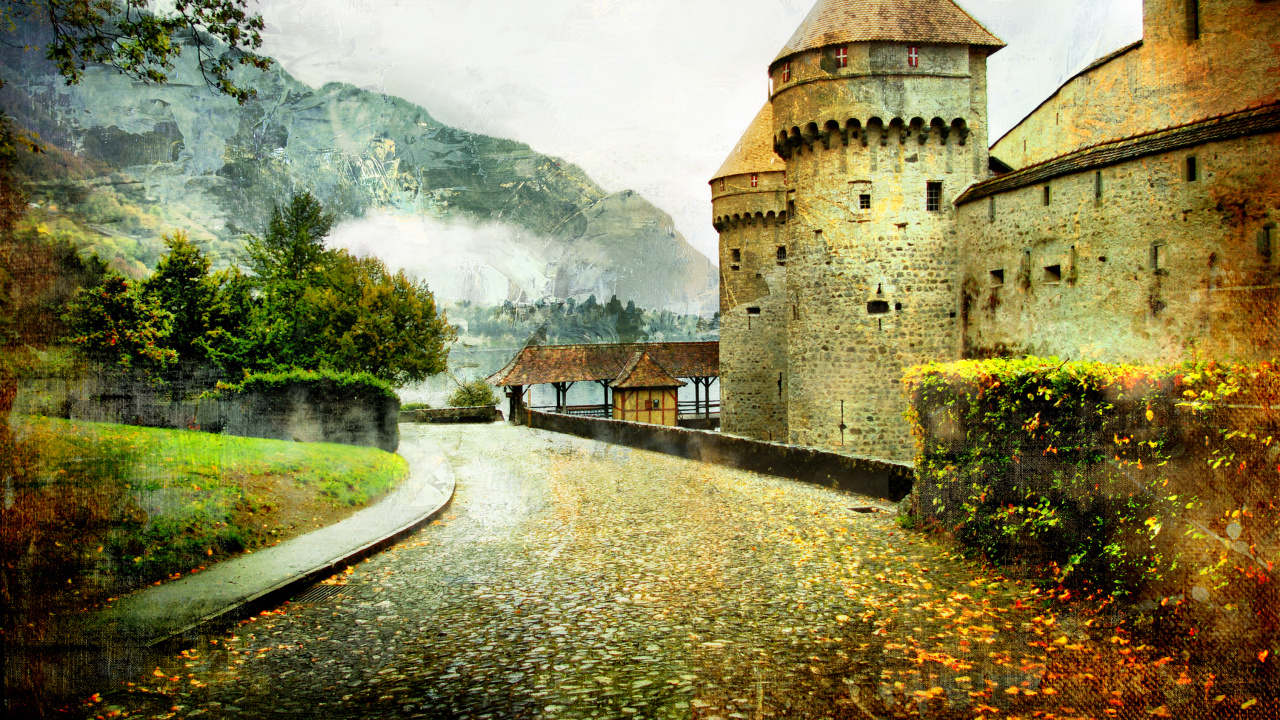 Обои chteau де Шильон, замок, водный путь, дерево, иллюстрации в разрешении 1280x720