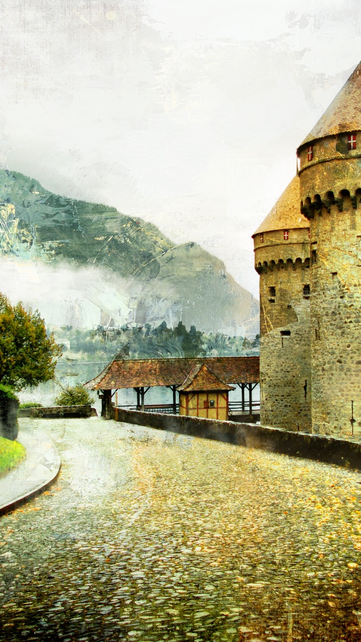 Обои chteau де Шильон, замок, водный путь, дерево, иллюстрации в разрешении 720x1280