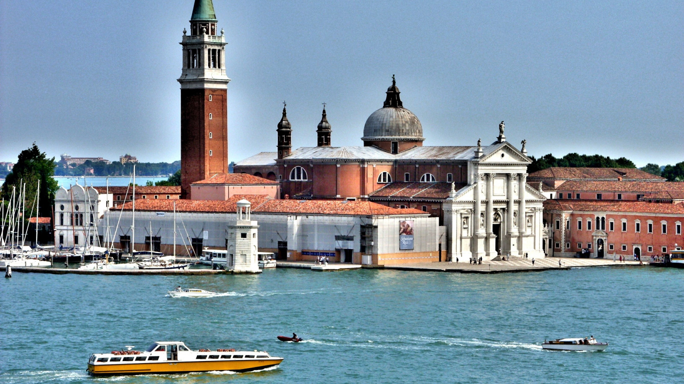 Обои Церковь Сан Джорджо Маджоре, Венеция, водный путь, вода, город в разрешении 1366x768