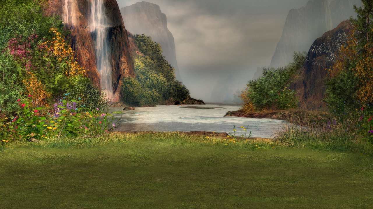 Обои водопад, иллюстрация, природа, водоем, вода в разрешении 1280x720