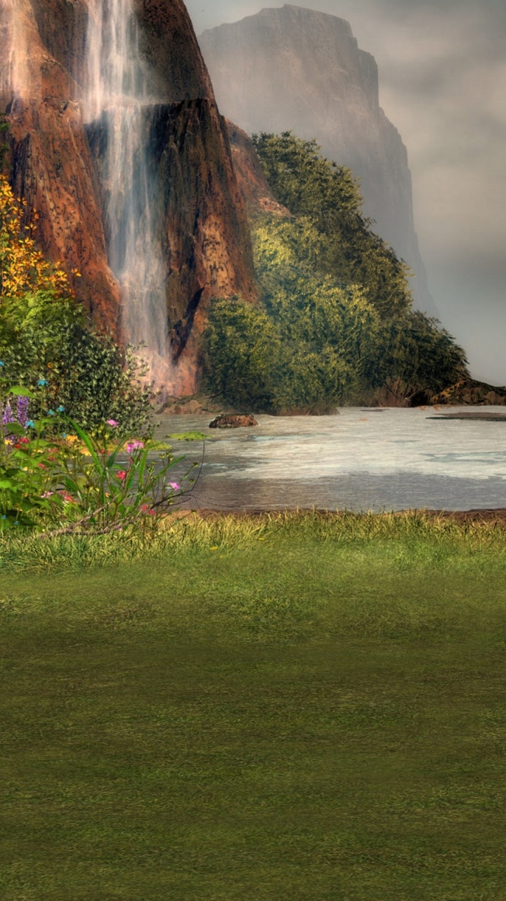 Обои водопад, иллюстрация, природа, водоем, вода в разрешении 720x1280