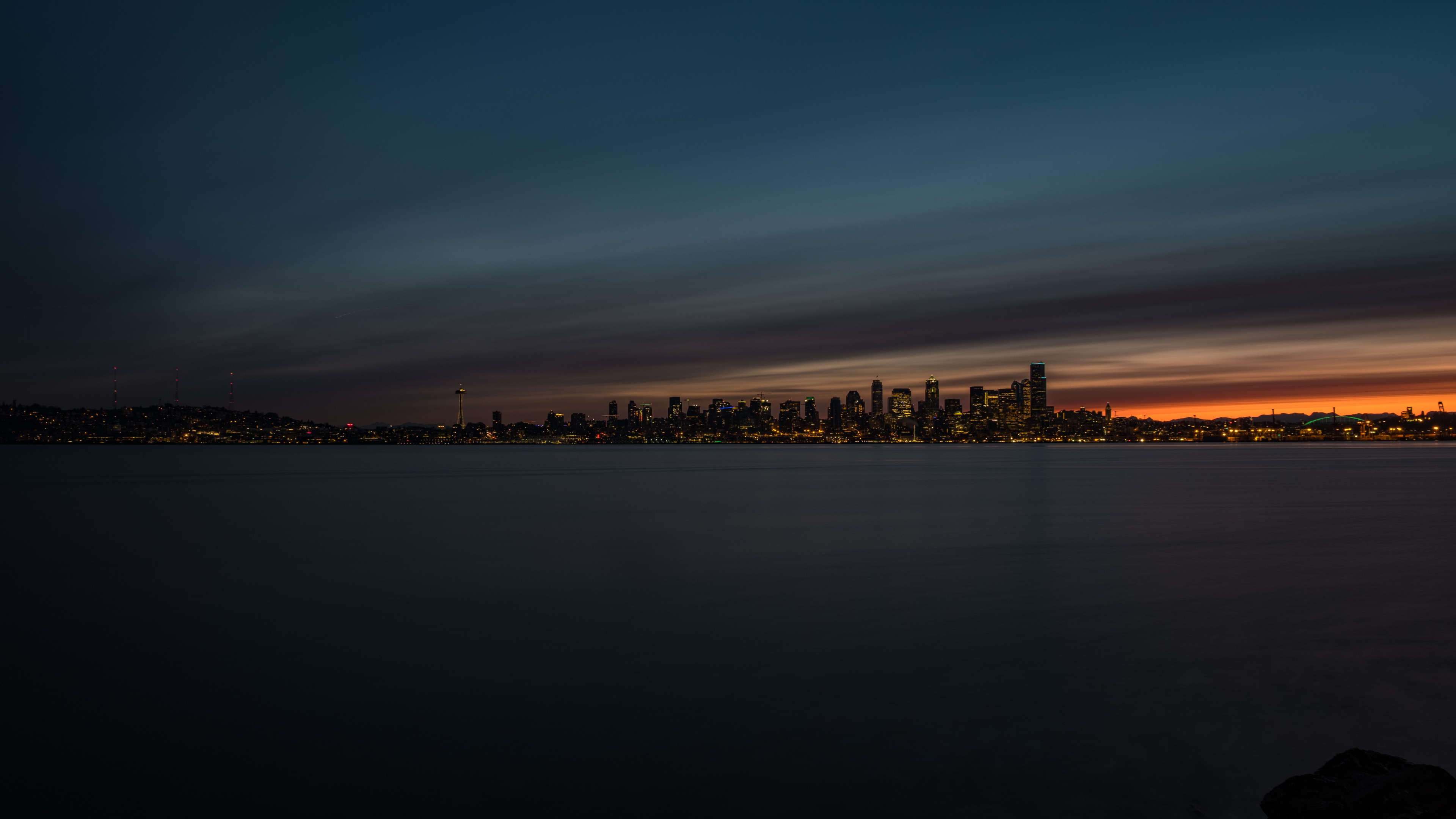 Обои Сиэтл, ночь, вода, горизонт, вечер в разрешении 3840x2160