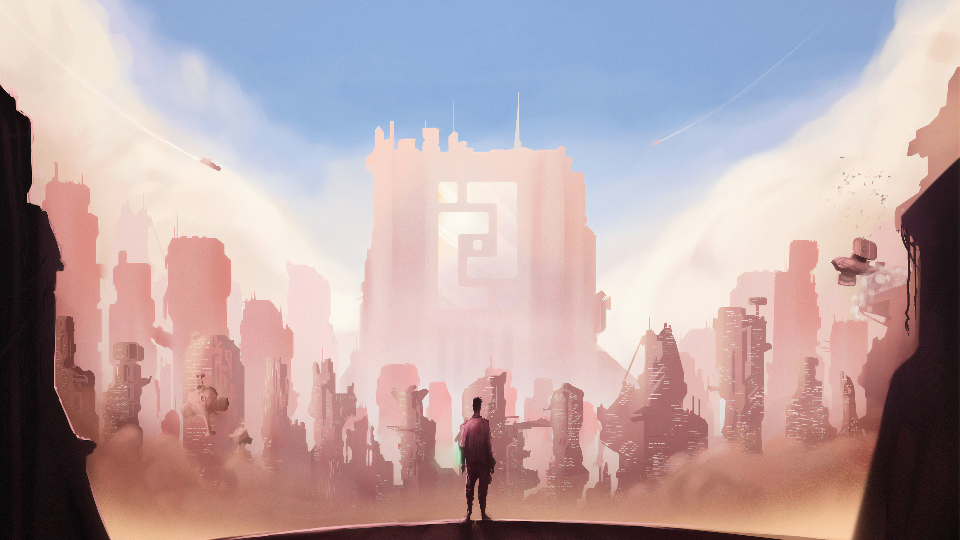 Обои иллюстрация, город, арт, мир, анимация в разрешении 1920x1080