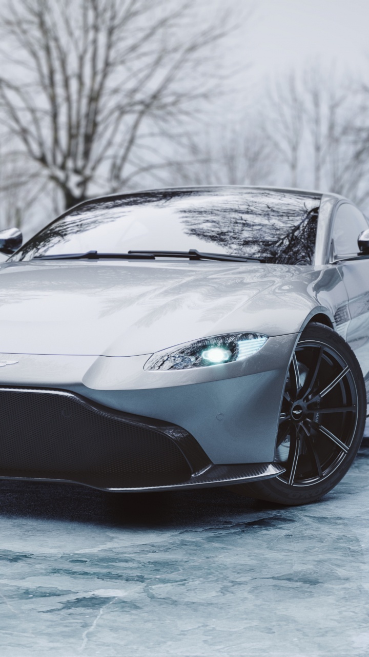 Обои Астон Мартин, спорткар, авто, aston martin vantage, снег в разрешении 720x1280