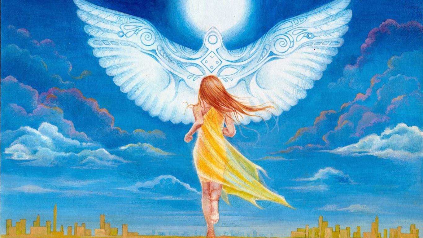 Обои душа, ангел, облако, мифическое существо, синий в разрешении 1366x768