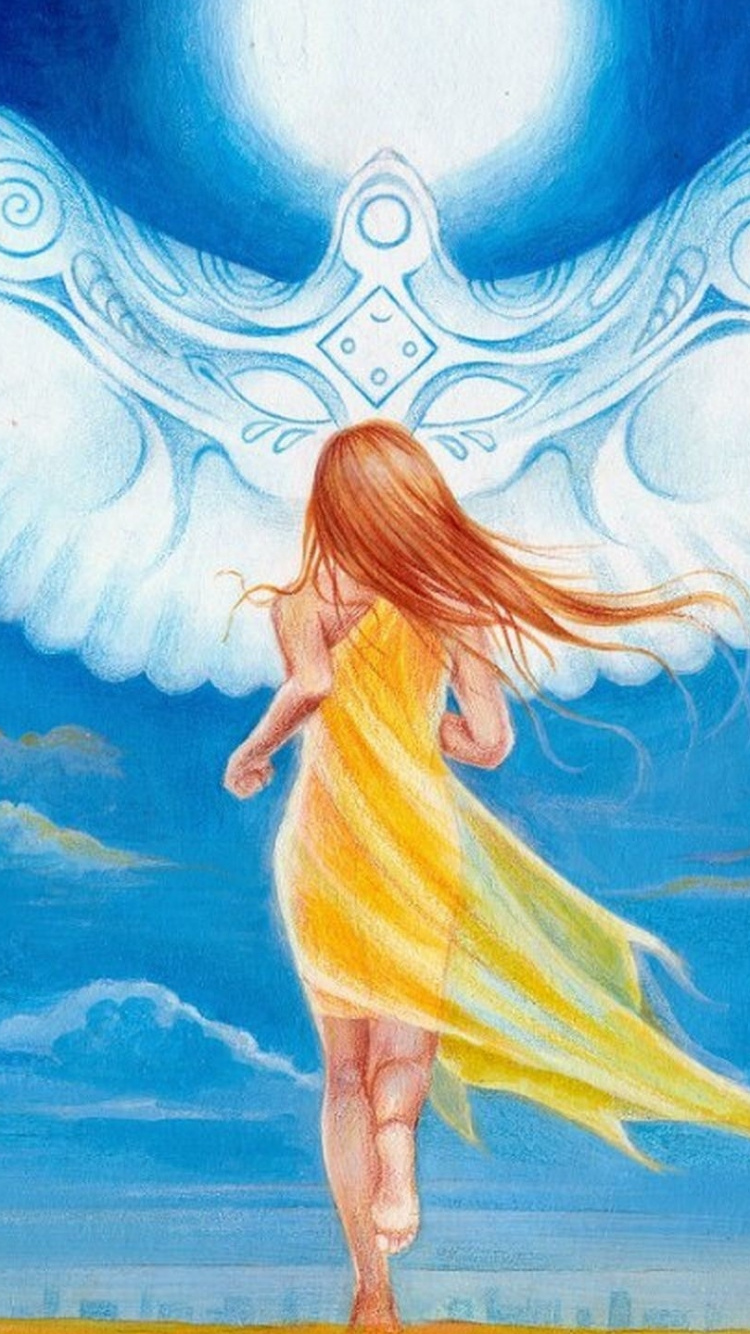 Обои душа, ангел, облако, мифическое существо, синий в разрешении 750x1334