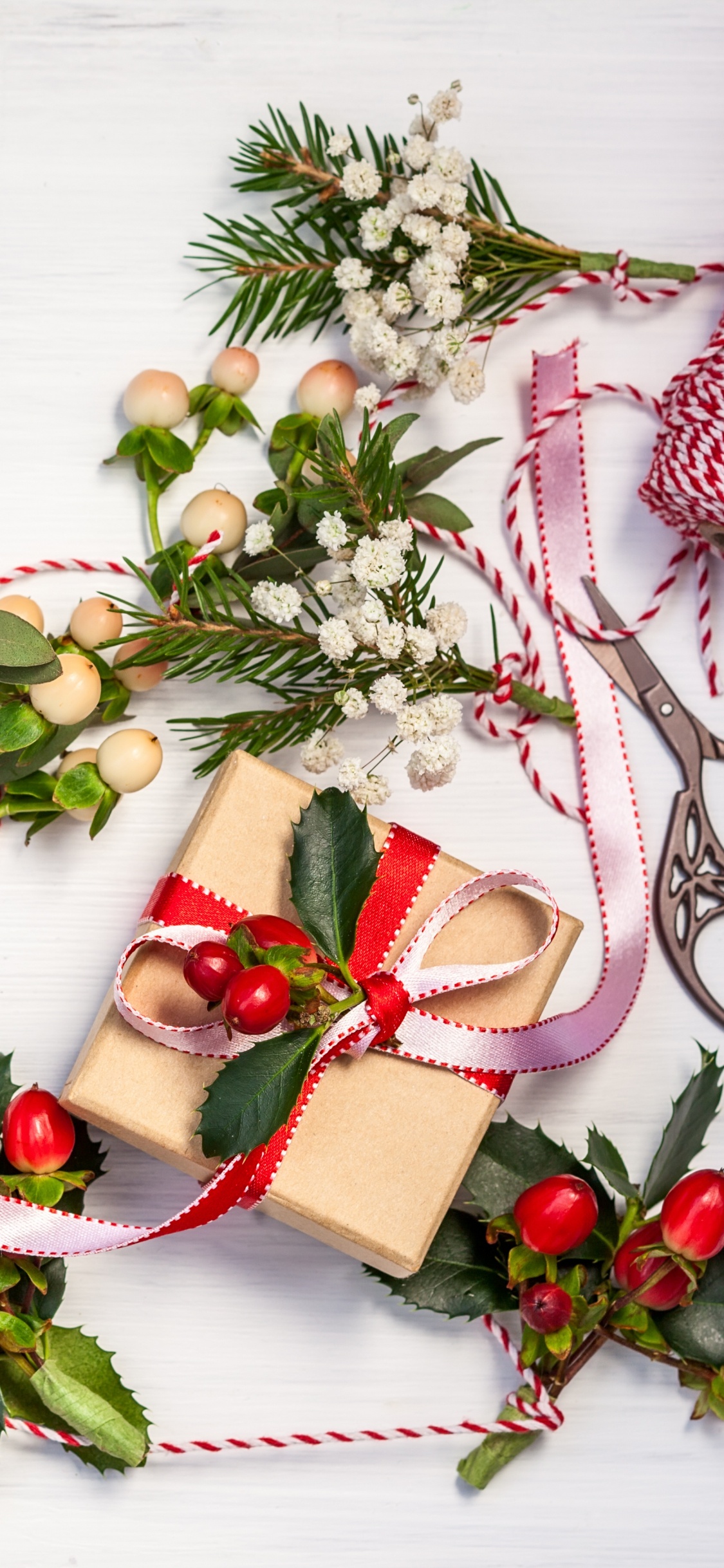 Обои Новый год, Рождественский день, падуб, Рождественские украшения, цветок в разрешении 1125x2436