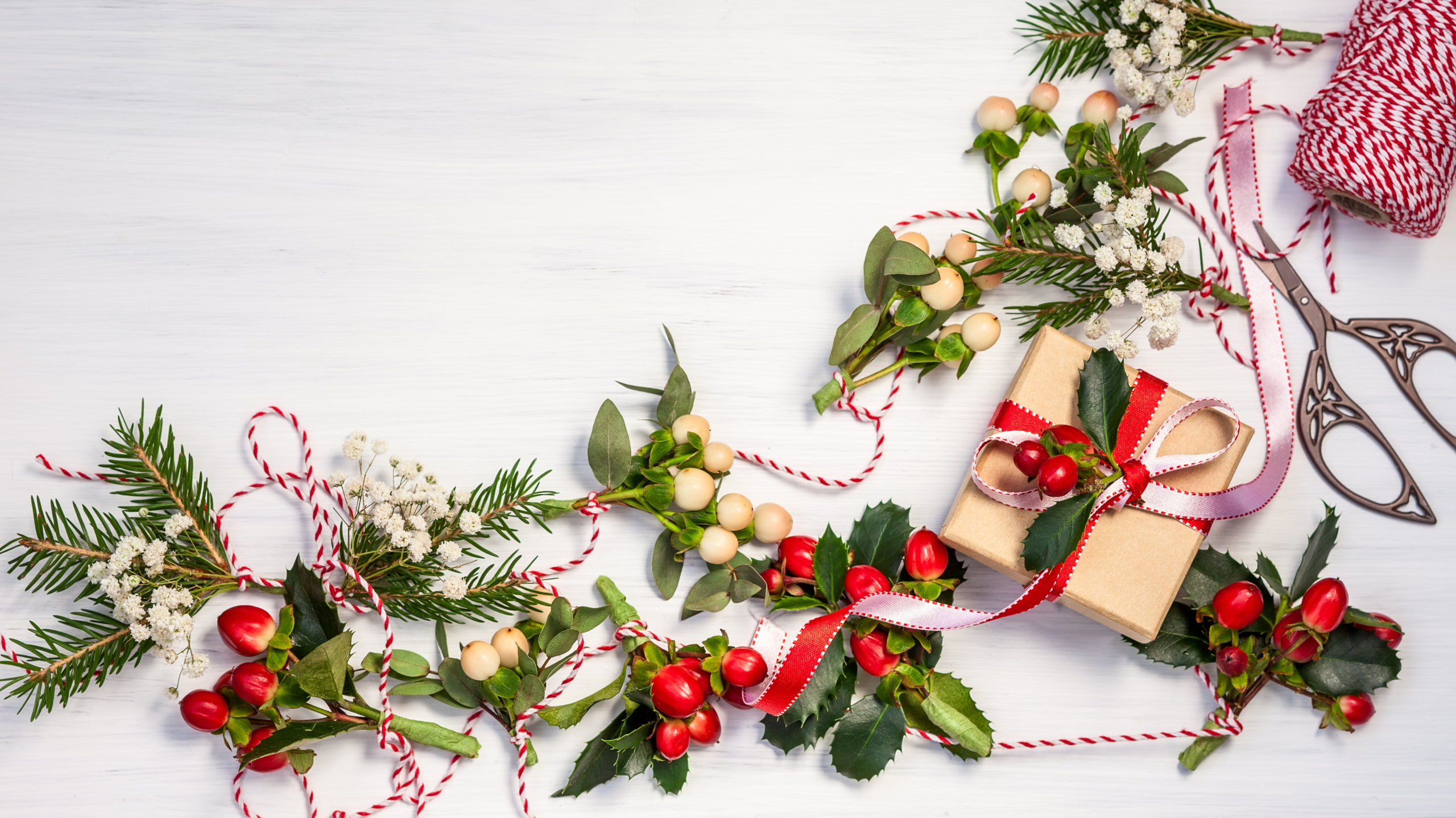 Обои Новый год, Рождественский день, падуб, Рождественские украшения, цветок в разрешении 2560x1440
